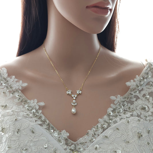 Rose Gold Crystal and Pearl Bridal Y-Drop Necklace - Leila