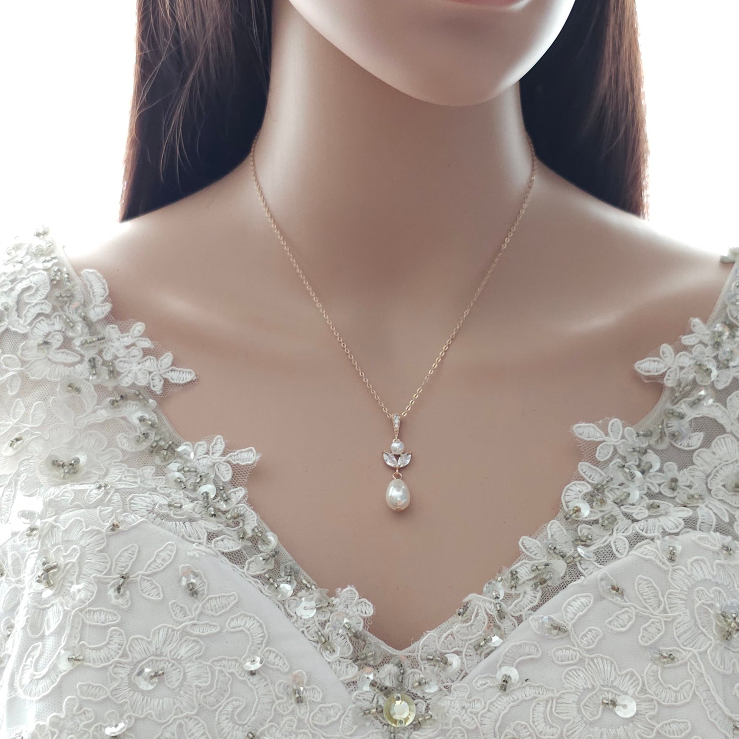 Gold Crystal & Pearl Y-Drop Bridal Necklace - Leila