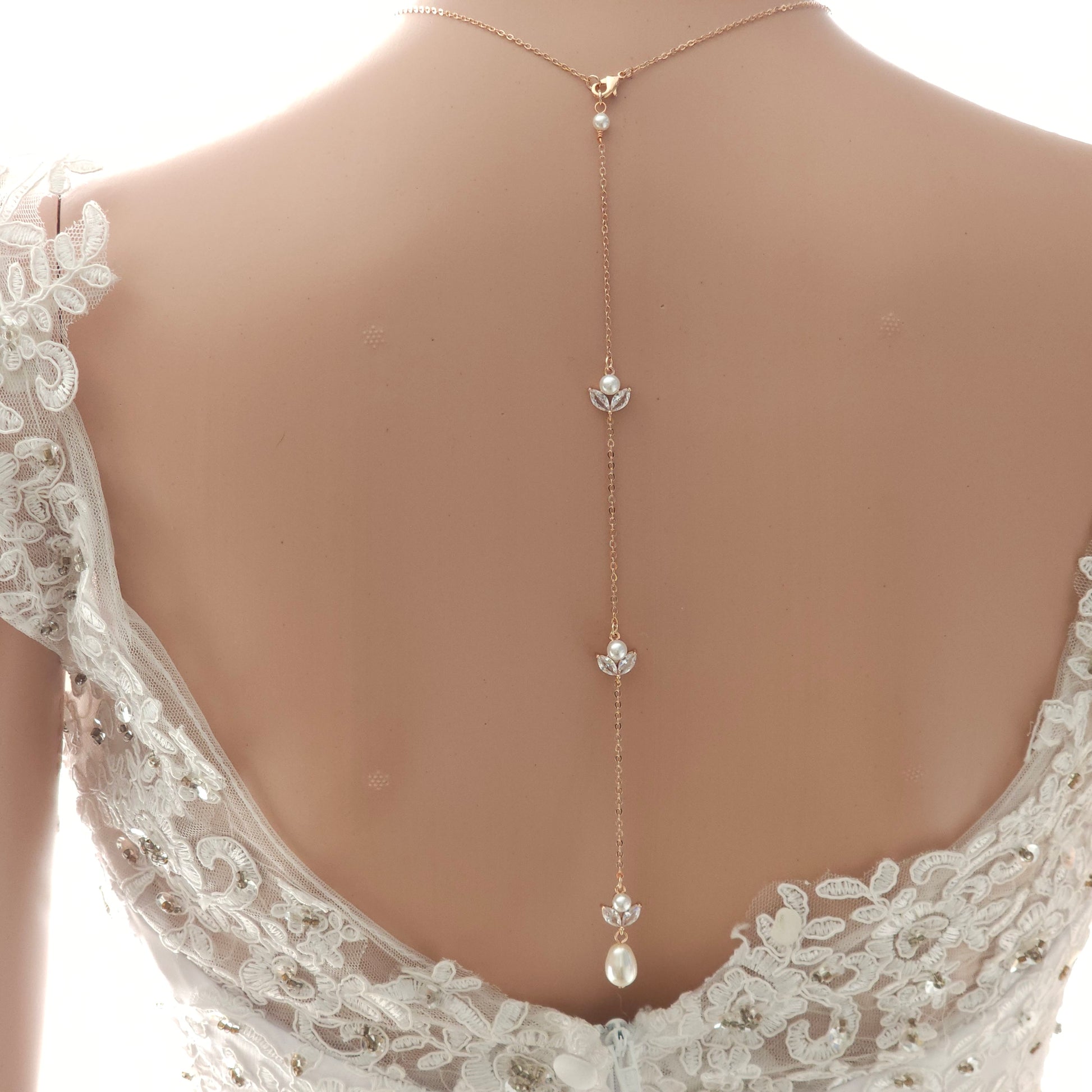 gold necklace dress jewellery Wear A 3 Piece Simple Gold Jewelry Set With Wedding, Occasion Dresses (Front Necklace +Detachable Backdrop) + Earrings + Bracelet / Rose Gold / 20"
