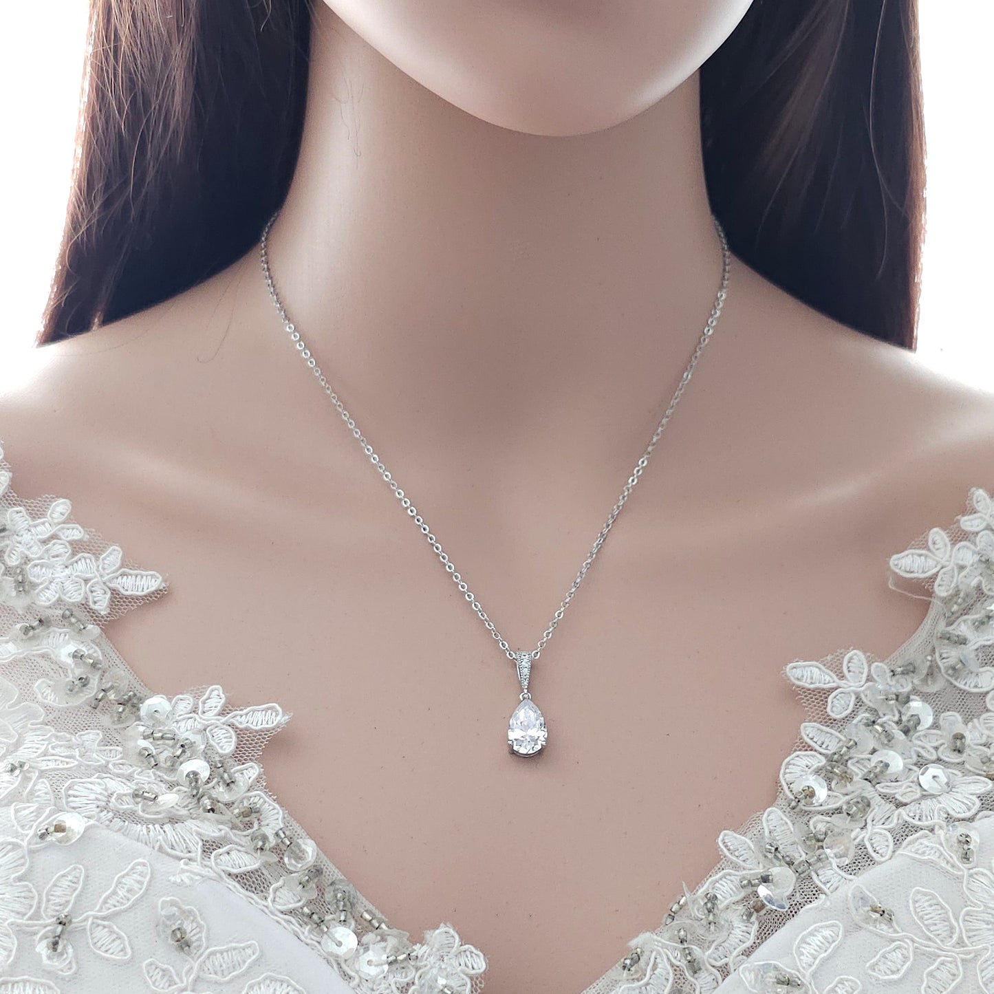 Single Teardrop CZ Necklace for Brides and Women- Nicole