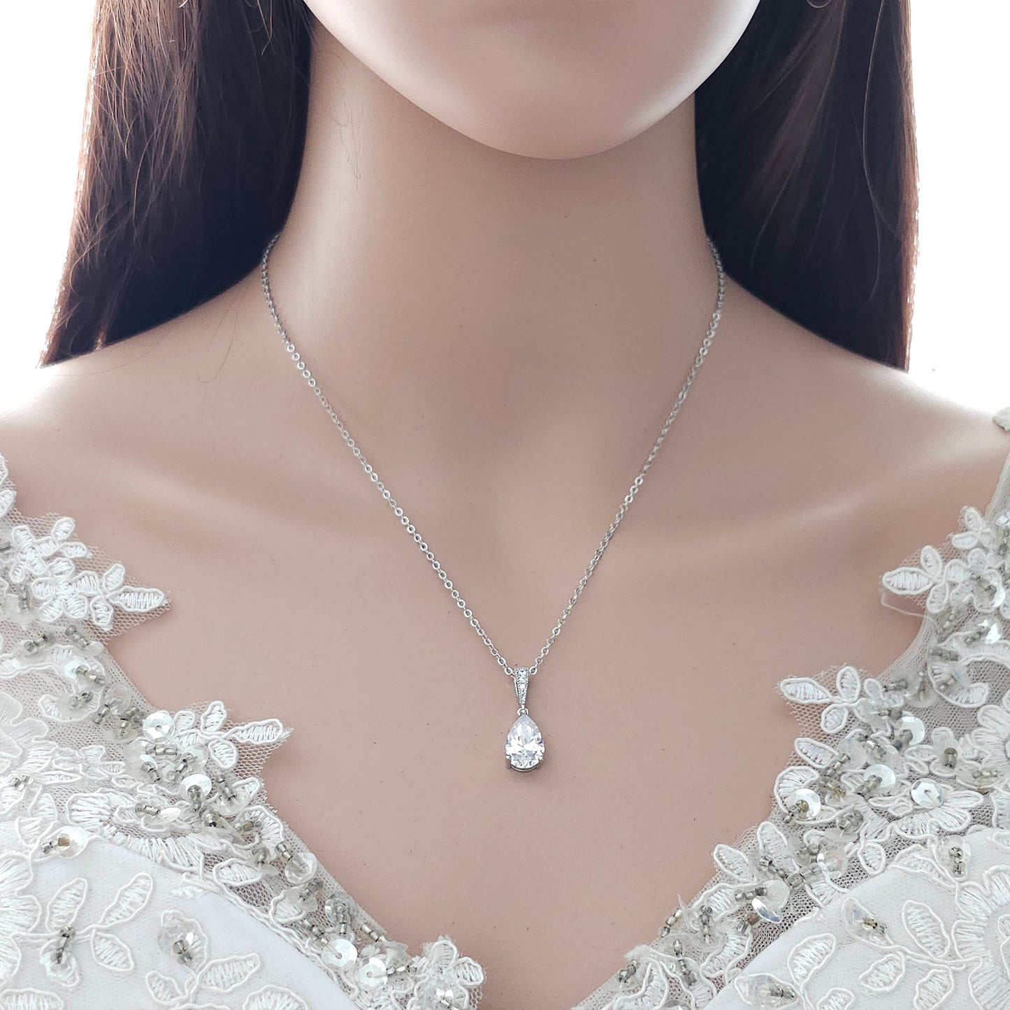 Single Teardrop CZ Necklace for Brides and Women- Nicole
