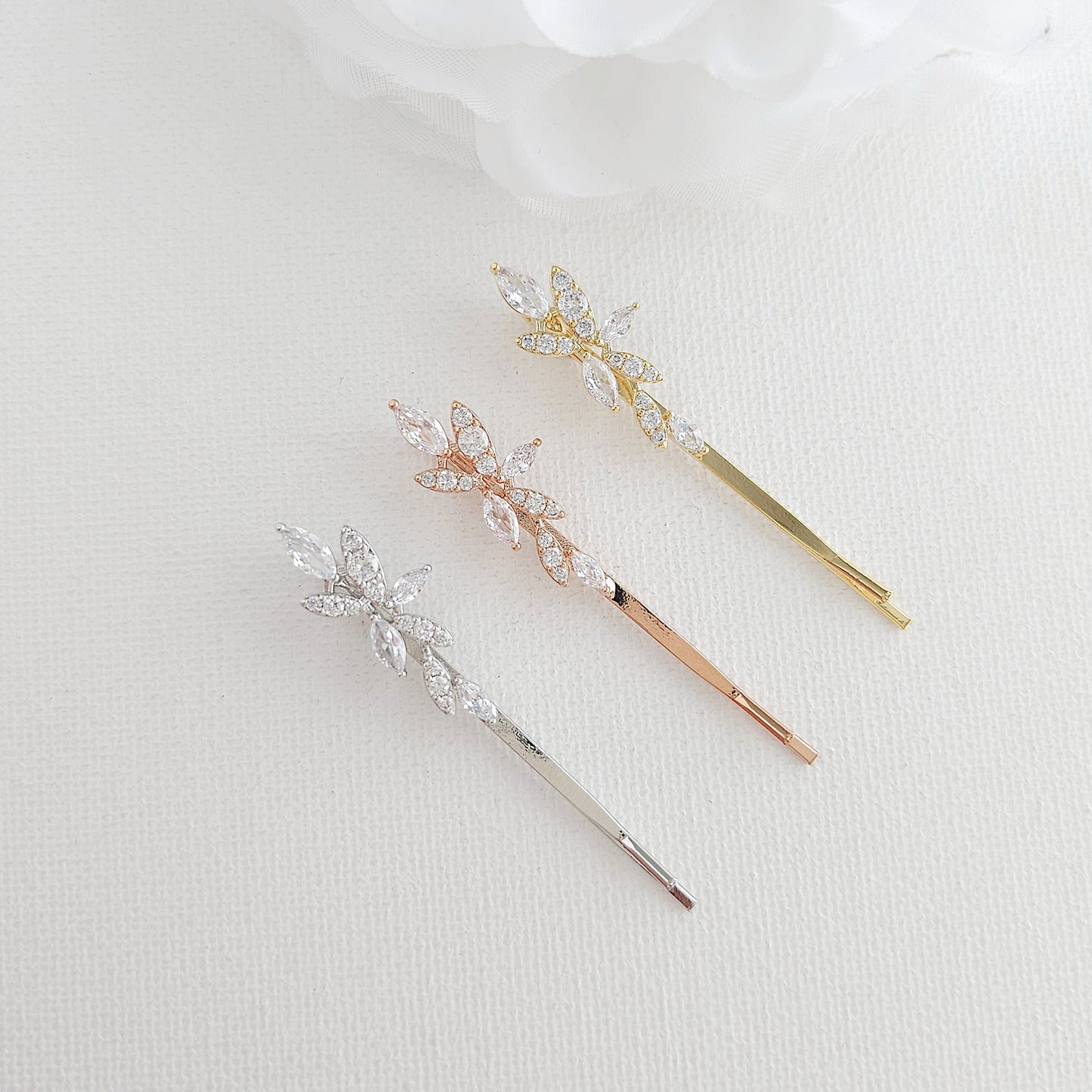 Rose Gold Leaf Bridal Hair Pin Set | Marquise CZ Slide for Bridesmaids & Flower Girls - Thea