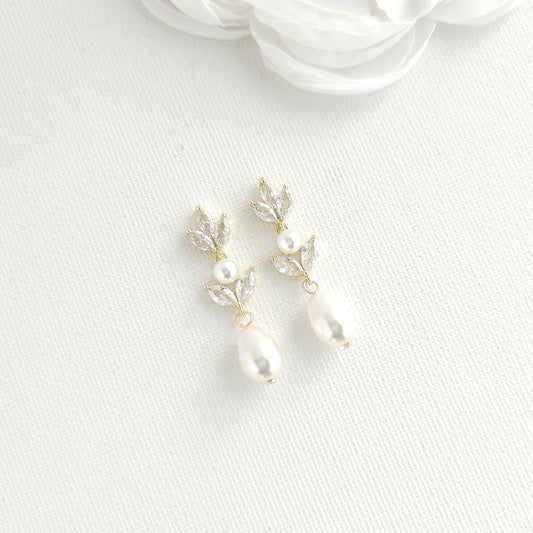 Pearl Drop Earrings in Gold for Weddings-Leila