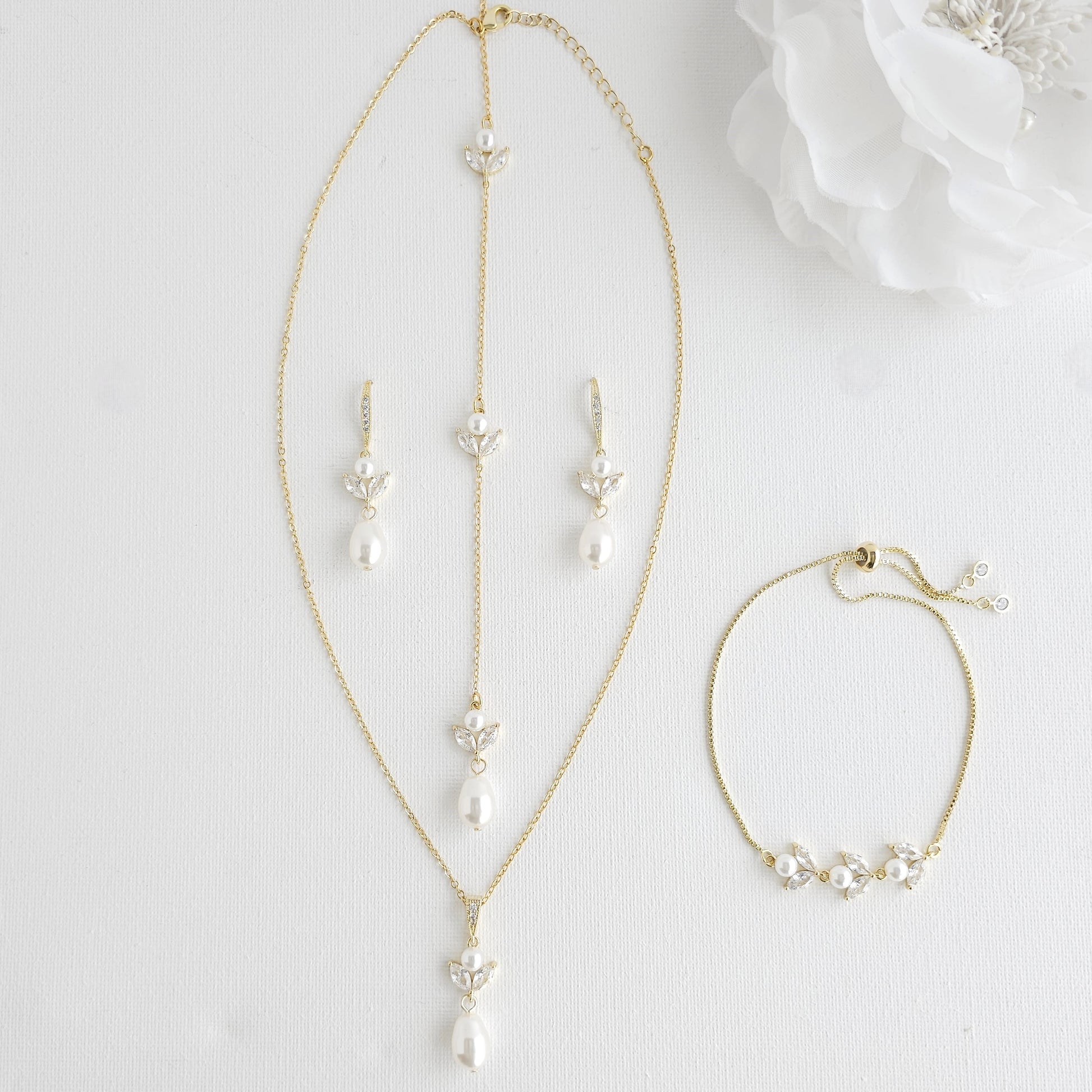 Wear A 3 Piece Simple Gold Jewelry Set With Wedding, Occasion Dresses (Front Necklace +Detachable Backdrop) + Earrings + Bracelet / Rose Gold / 20" Wear A 3 Piece Simple Gold Jewelry Set With Wedding, Occasion Dresses (Front Necklace +Detachable Backdrop) + Earrings + Bracelet / Rose Gold / 20"
