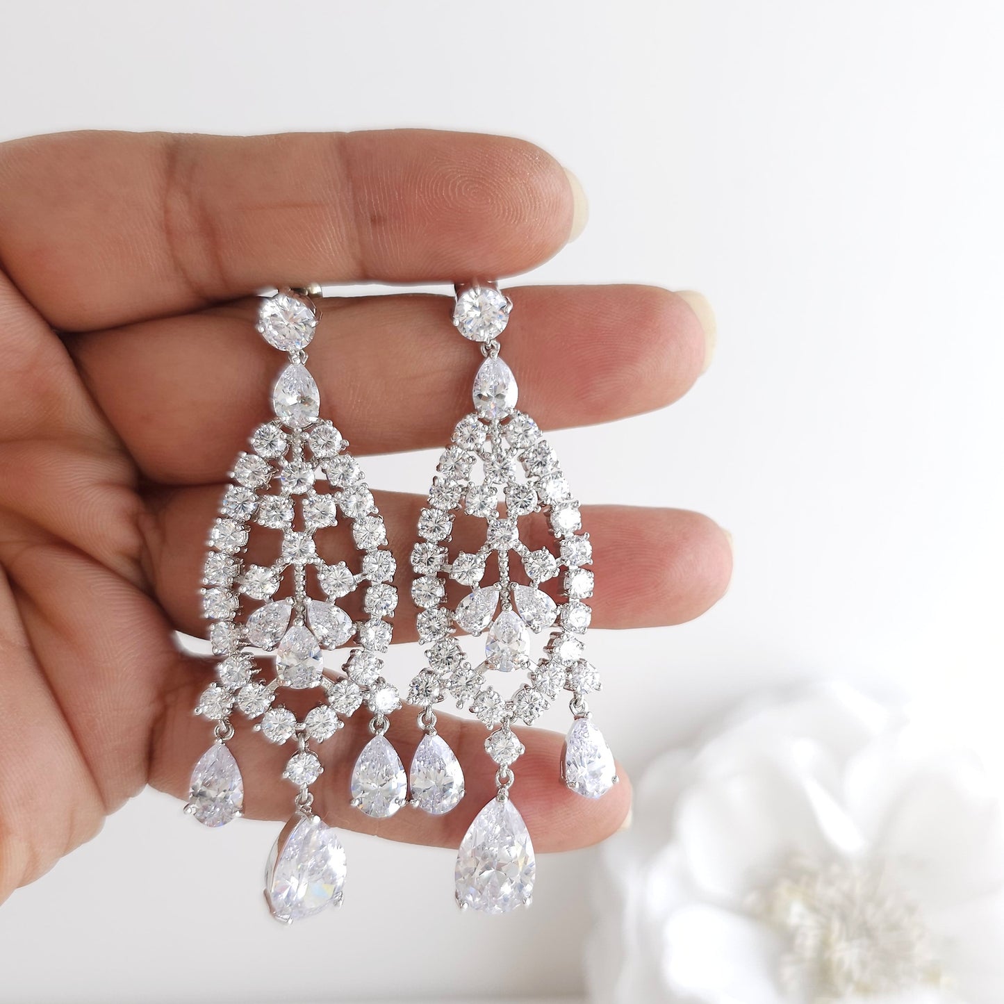 Large Silver Statement Chandelier Earrings for Brides & Woman- Courtney