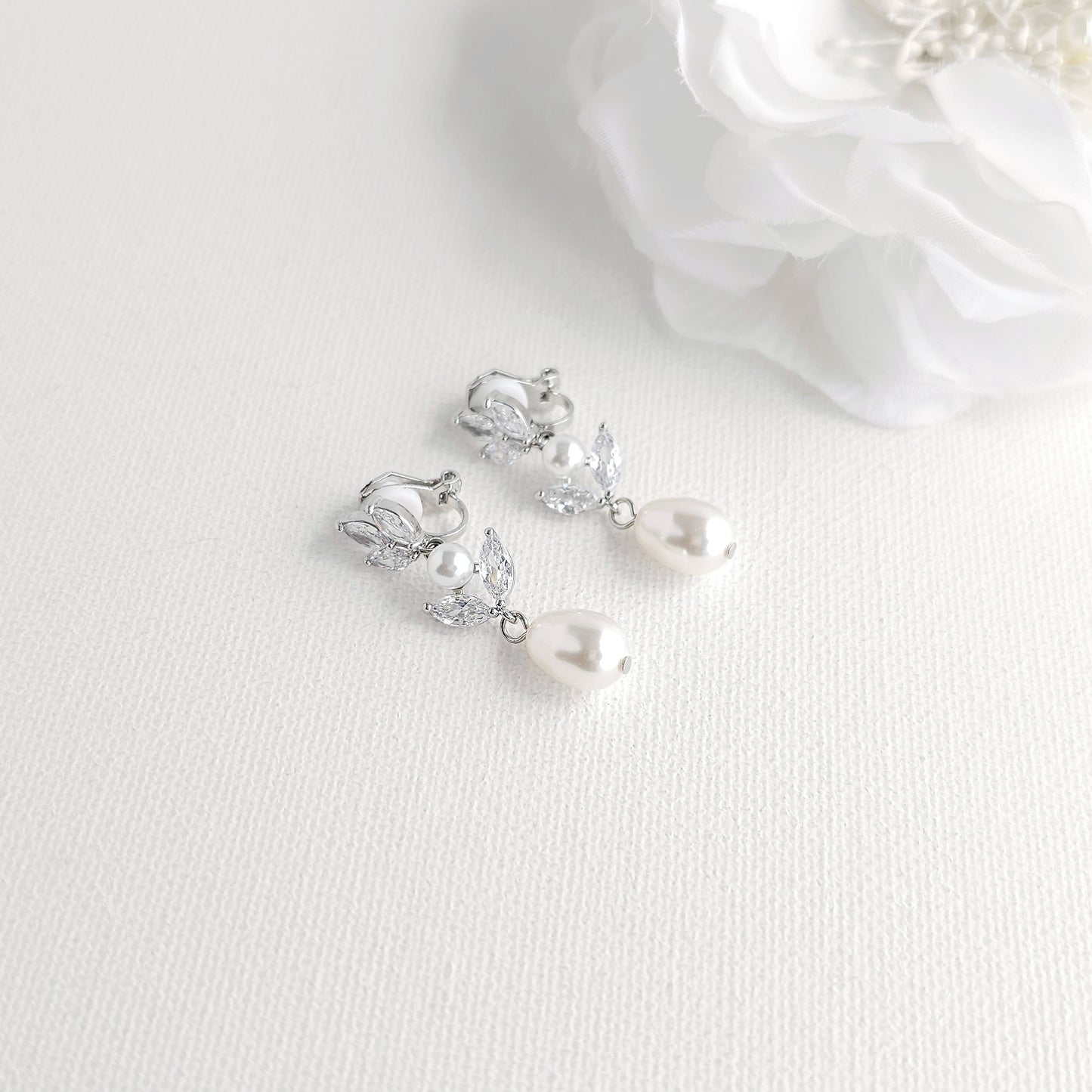 Silver Clip On Pearl Earrings for Brides-Leila