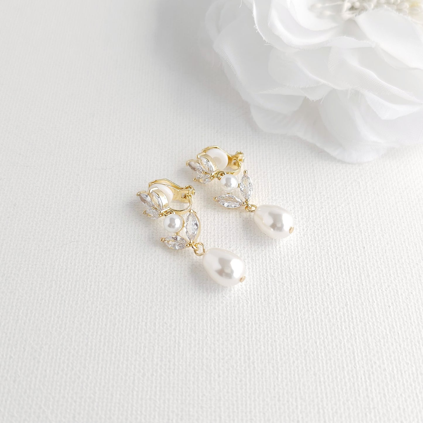 Silver Clip On Pearl Earrings for Brides-Leila