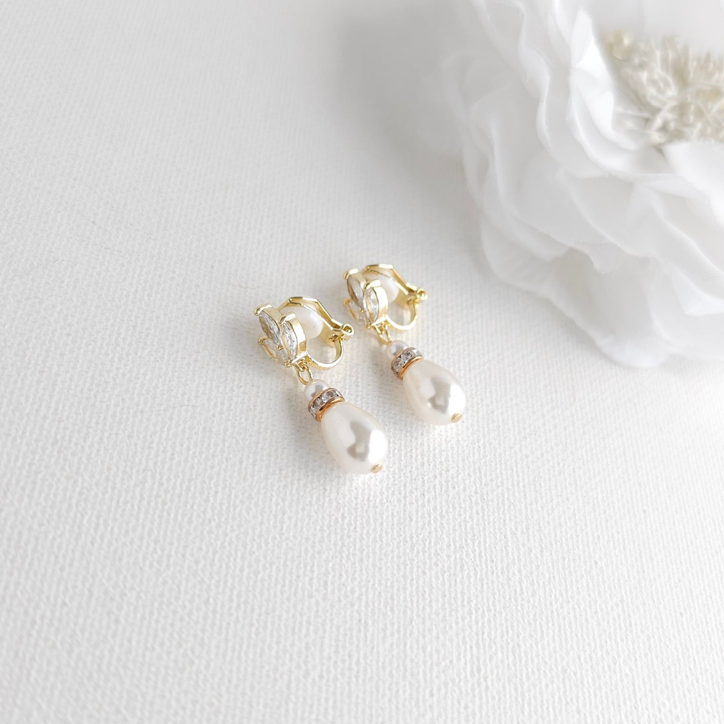 Rose Gold Leaf and Pearl Drop Clip On Earrings - Katie