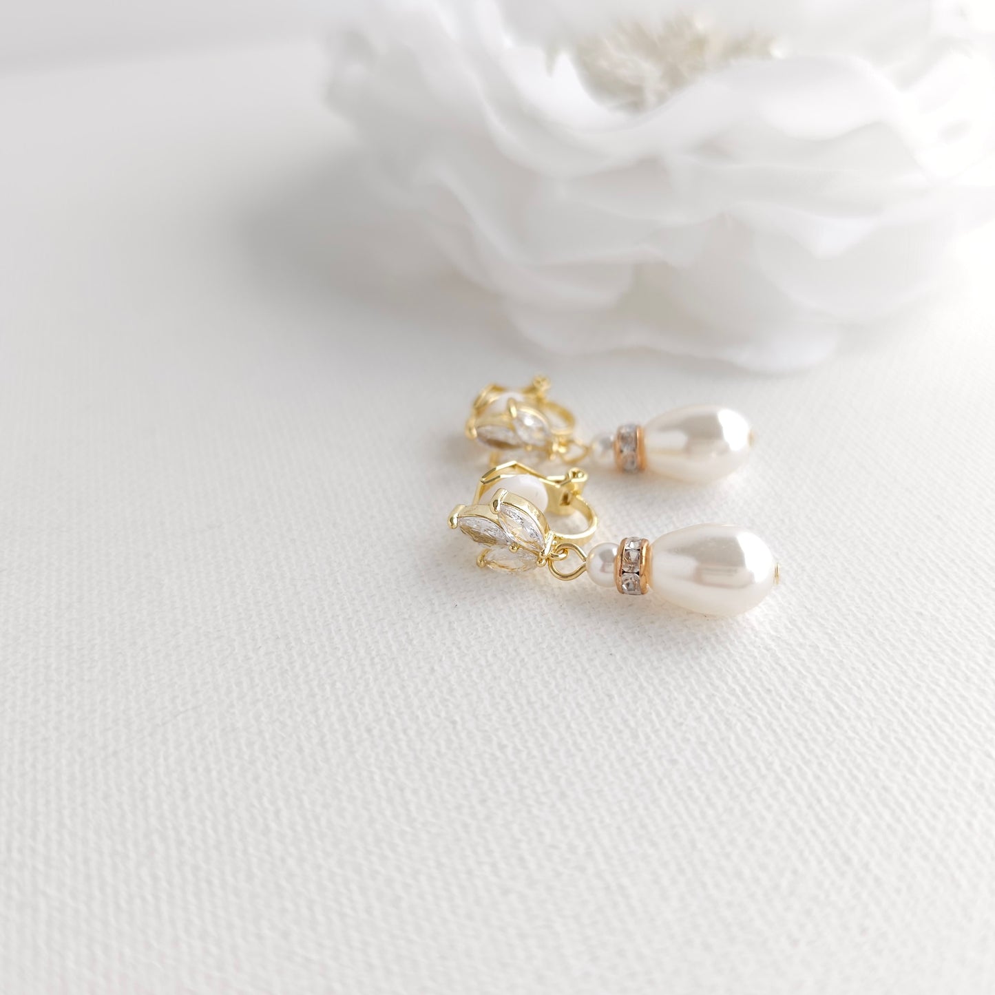 Rose Gold Leaf and Pearl Drop Clip On Earrings - Katie