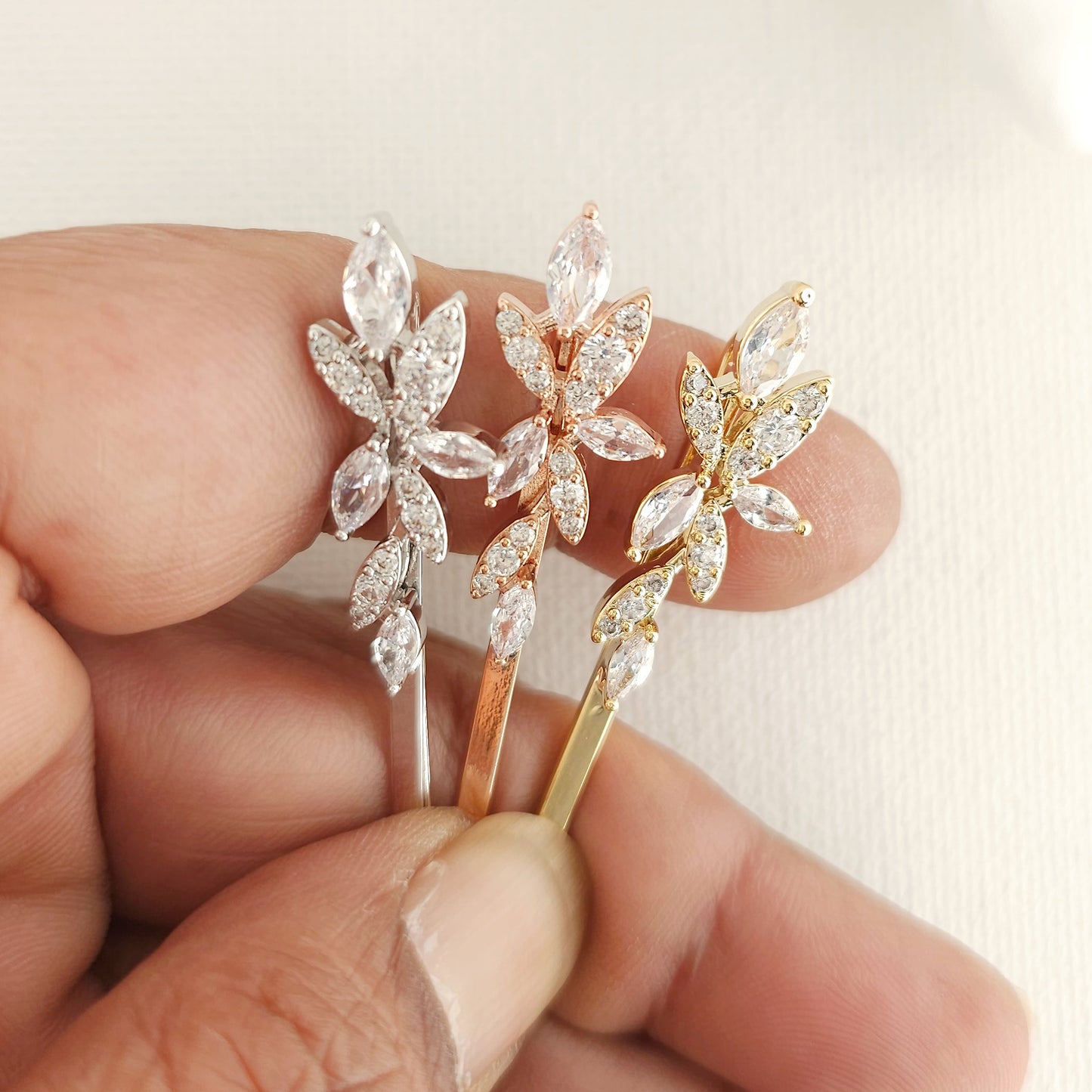 Rose Gold Leaf Bridal Hair Pin Set | Marquise CZ Slide for Bridesmaids & Flower Girls - Thea