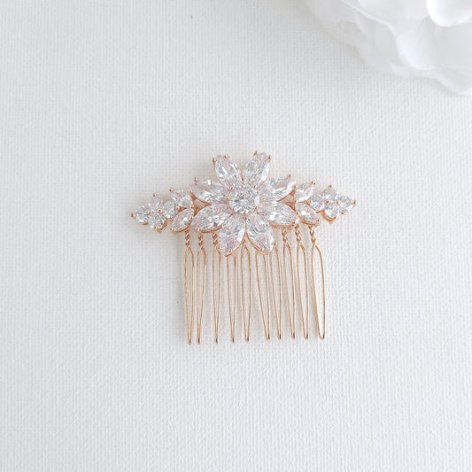 Dainty Rose Gold Wedding Comb | Sparkling Cubic Zirconia Flower Hair Piece for Veil - Daisy