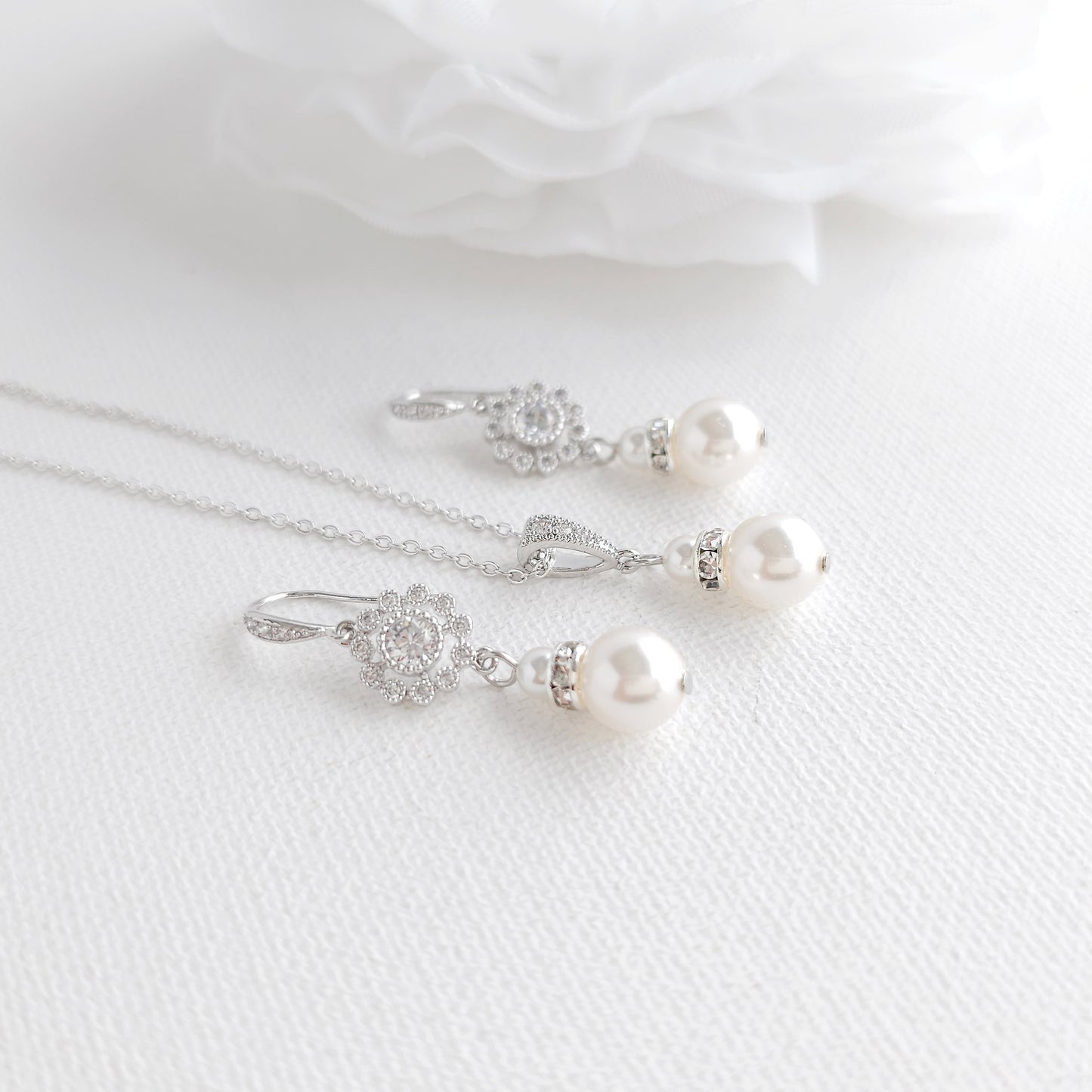 Delicate Pearl Bridal Jewelry Set: Lightweight Dangle Earrings & Necklace for Timeless Style- Hope