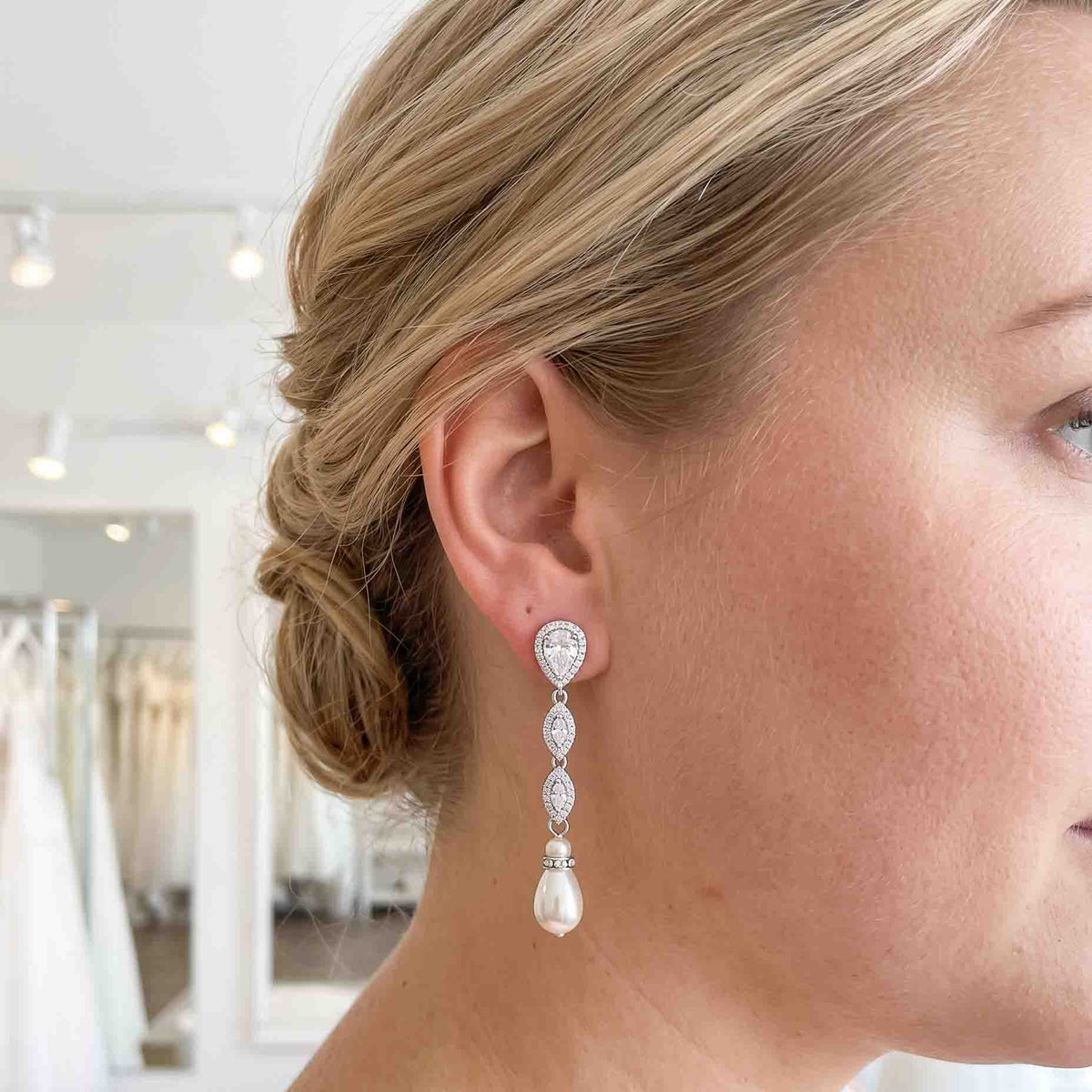 Marquise  CZ Crystal and Teardrop Pearl Earrings - Abby