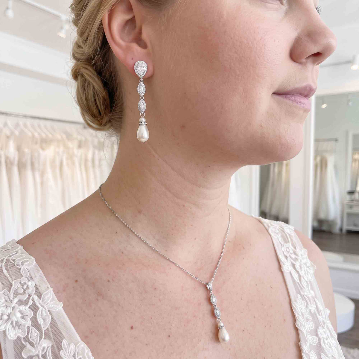 3-Piece Rose Gold Marquise Crystal & Pearl Wedding Jewelry Set – Abby