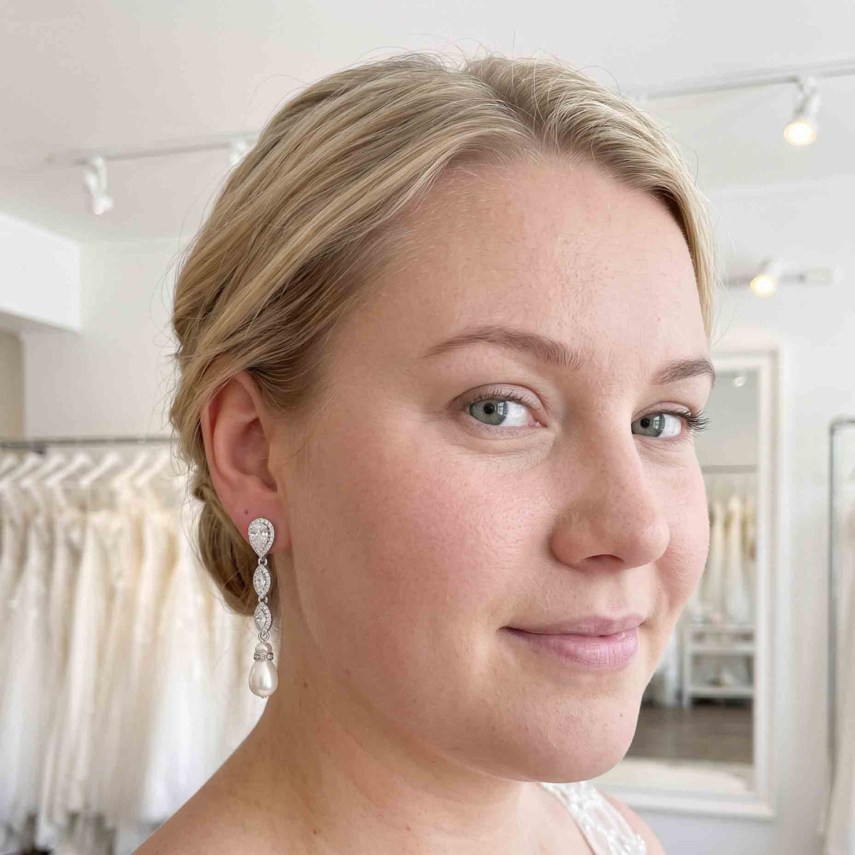 Gold Clip On Bridal Earrings with Pearl Drops For Unpierced Ears - Abby