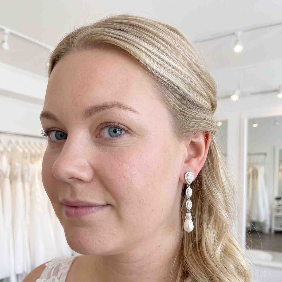 Bridal Pearl Dangle Drop Clip-On Earrings for Non-Pierced Ears - Abby