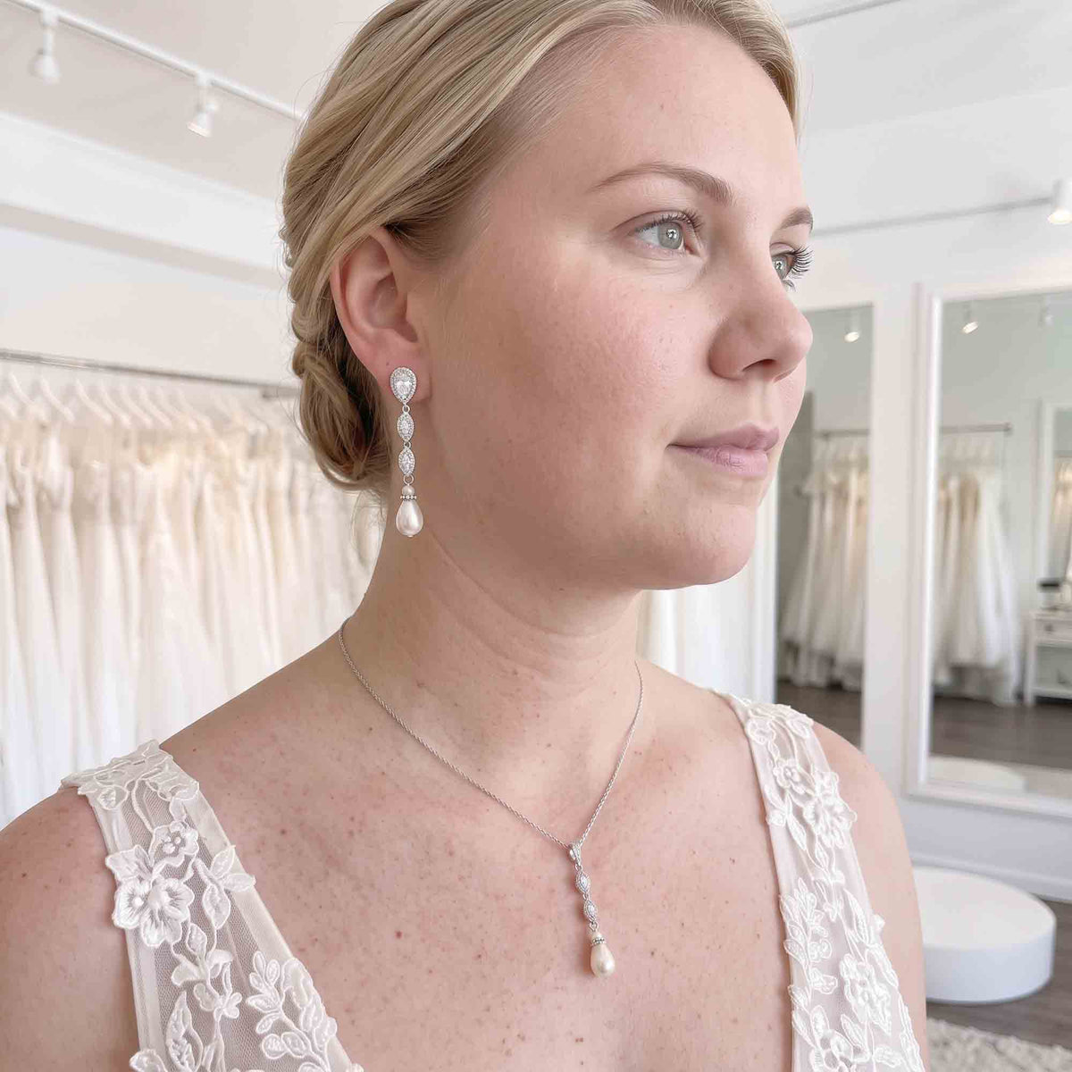 3-Piece Rose Gold Marquise Crystal & Pearl Wedding Jewelry Set – Abby