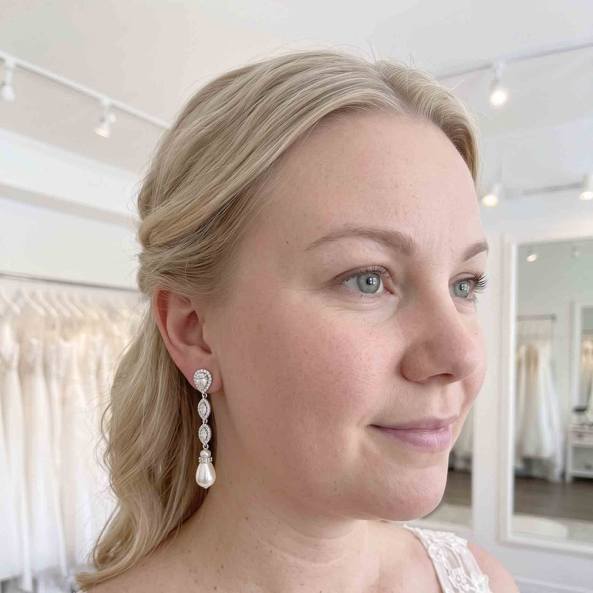 Slim Rose Gold and Pearl Drop Bridal Earrings - Abby