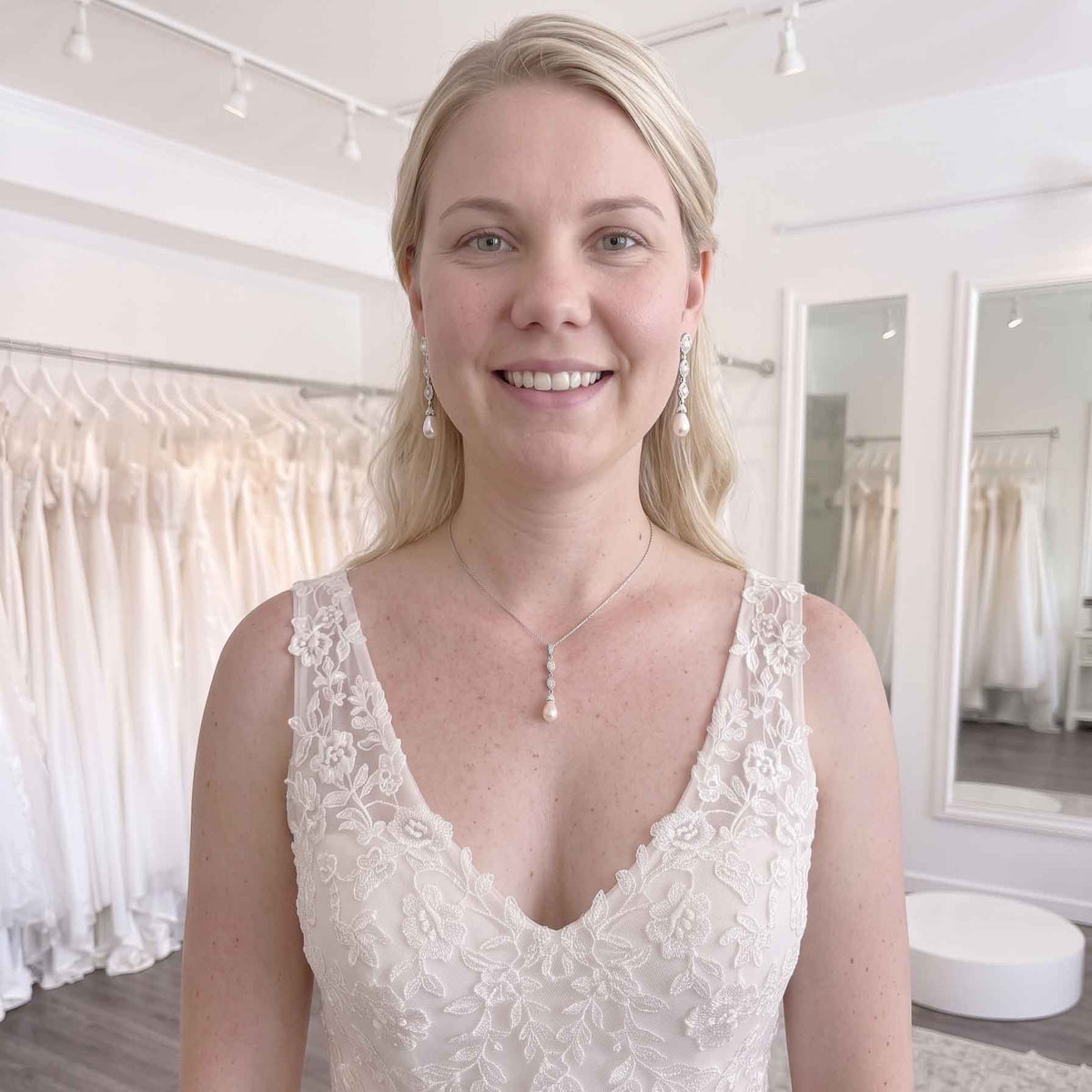 Silver Pearl Drop Necklace and Earring Set for Wedding – Abby