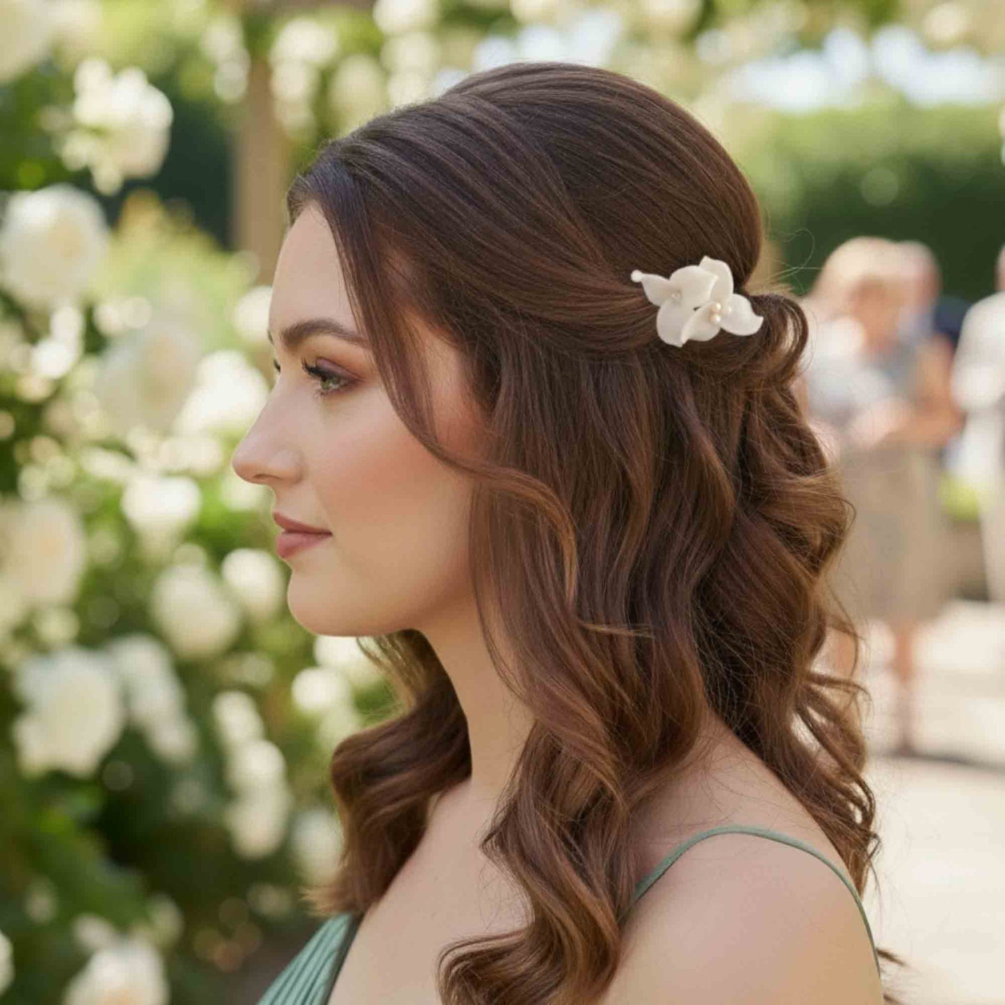 Small Gold Hair Comb with White Flowers and Pearls for Weddings- Alana