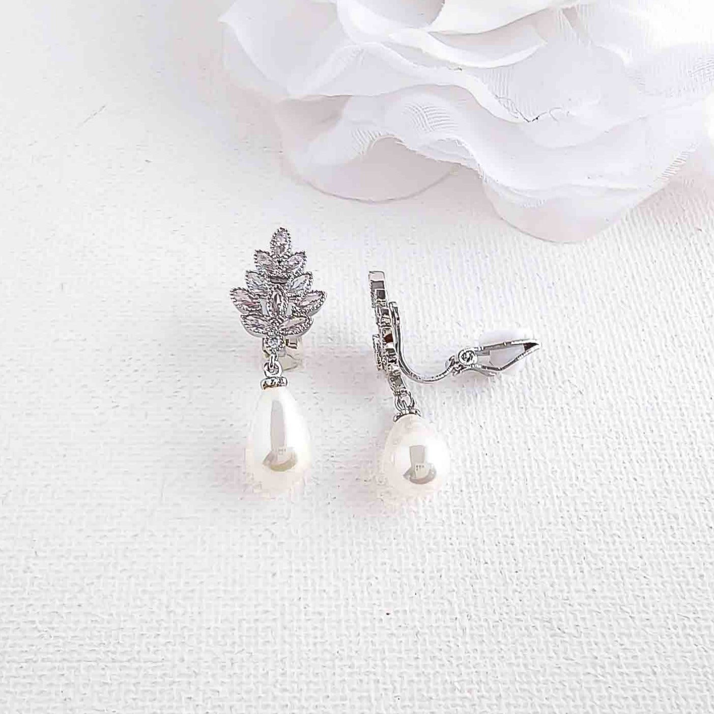 Wedding Clip on Earrings with Teardrop Pearls-Becca