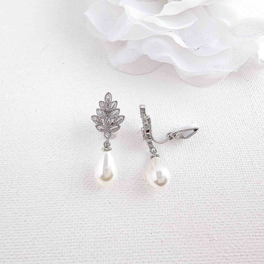 Wedding Clip on Earrings with Teardrop Pearls-Becca