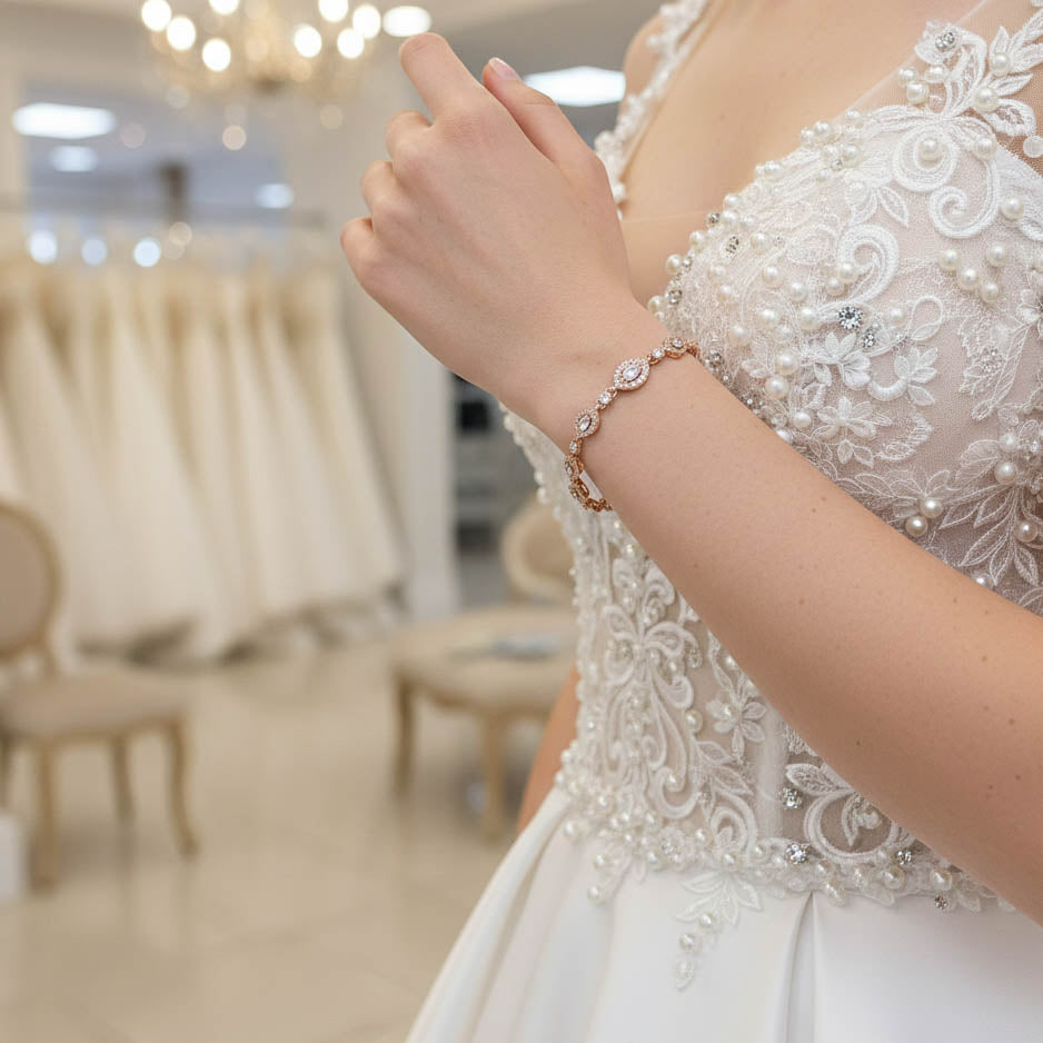 Close-up of a bride wearing a white lace dress with a rose gold bracelet 