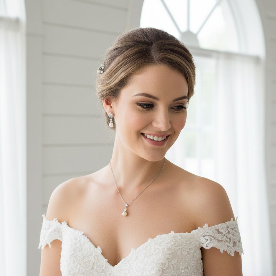 necklace to wear with off the shoulder dress Shop Elegant Pearl Jewelry Set in Gold for Brides and Bridesmaids – PoetryDesigns