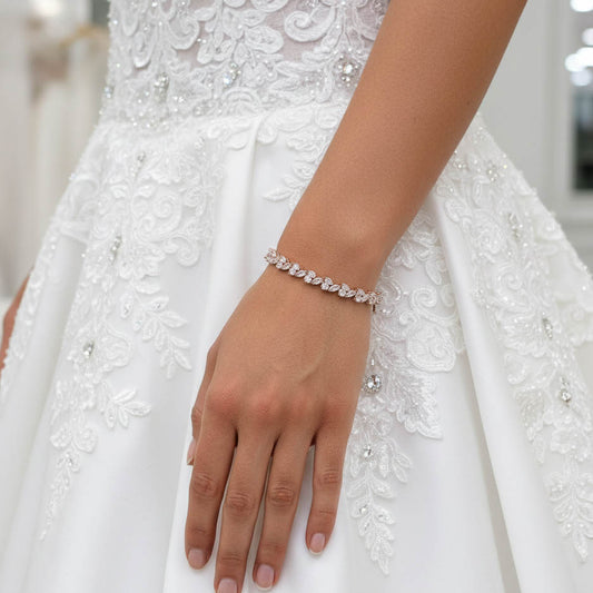 Bridal Tennis Bracelet With Gold Metal and Cubic Zirconia Leaf-Debra