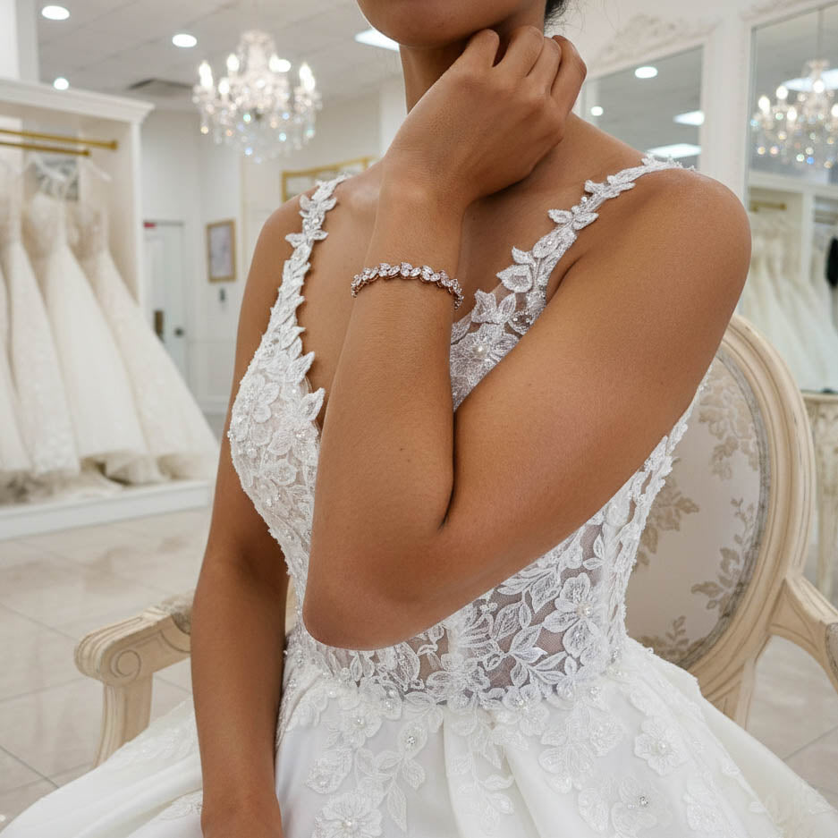 Bridal Tennis Bracelet With Gold Metal and Cubic Zirconia Leaf-Debra