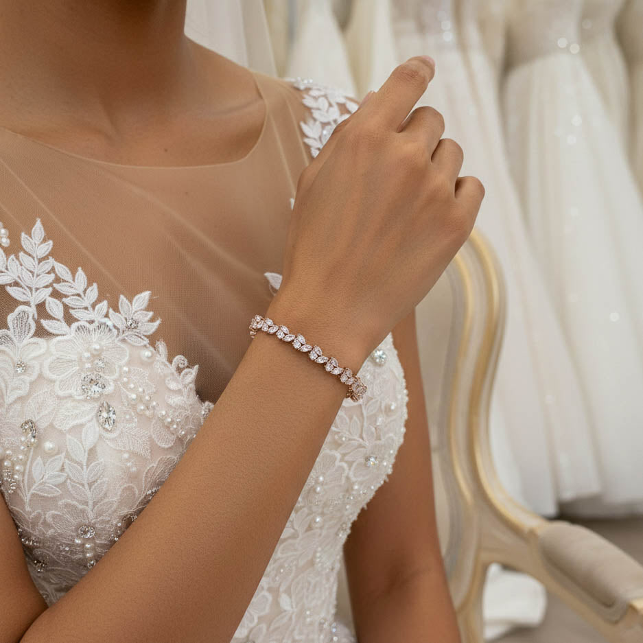 Bridal Tennis Bracelet With Gold Metal and Cubic Zirconia Leaf-Debra