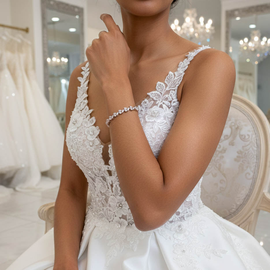 Bridal Tennis Bracelet With Gold Metal and Cubic Zirconia Leaf-Debra