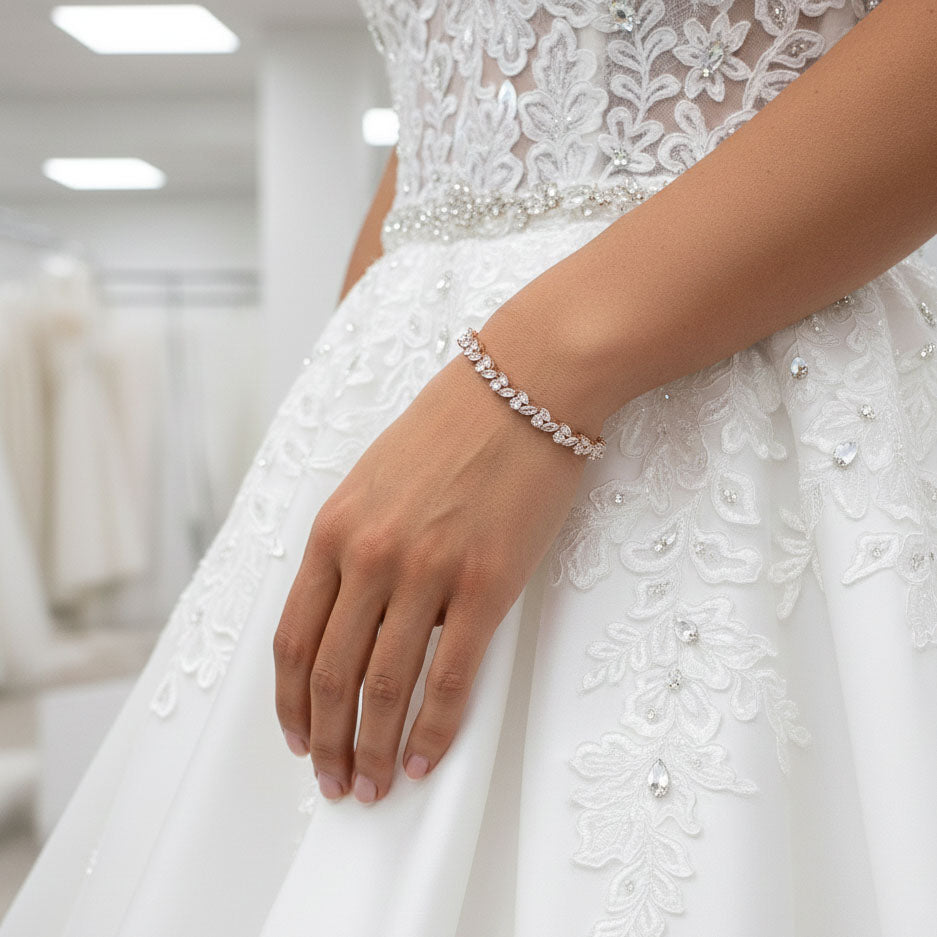 Bridal Tennis Bracelet With Gold Metal and Cubic Zirconia Leaf-Debra