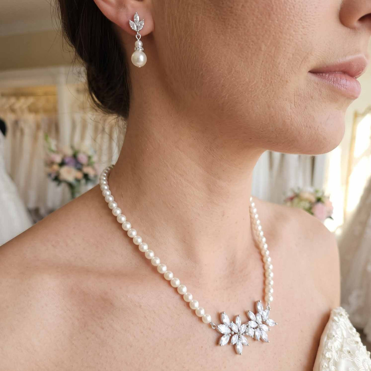 Silver Pearl and Crystal Floral Bridal Jewelry Set - Carol