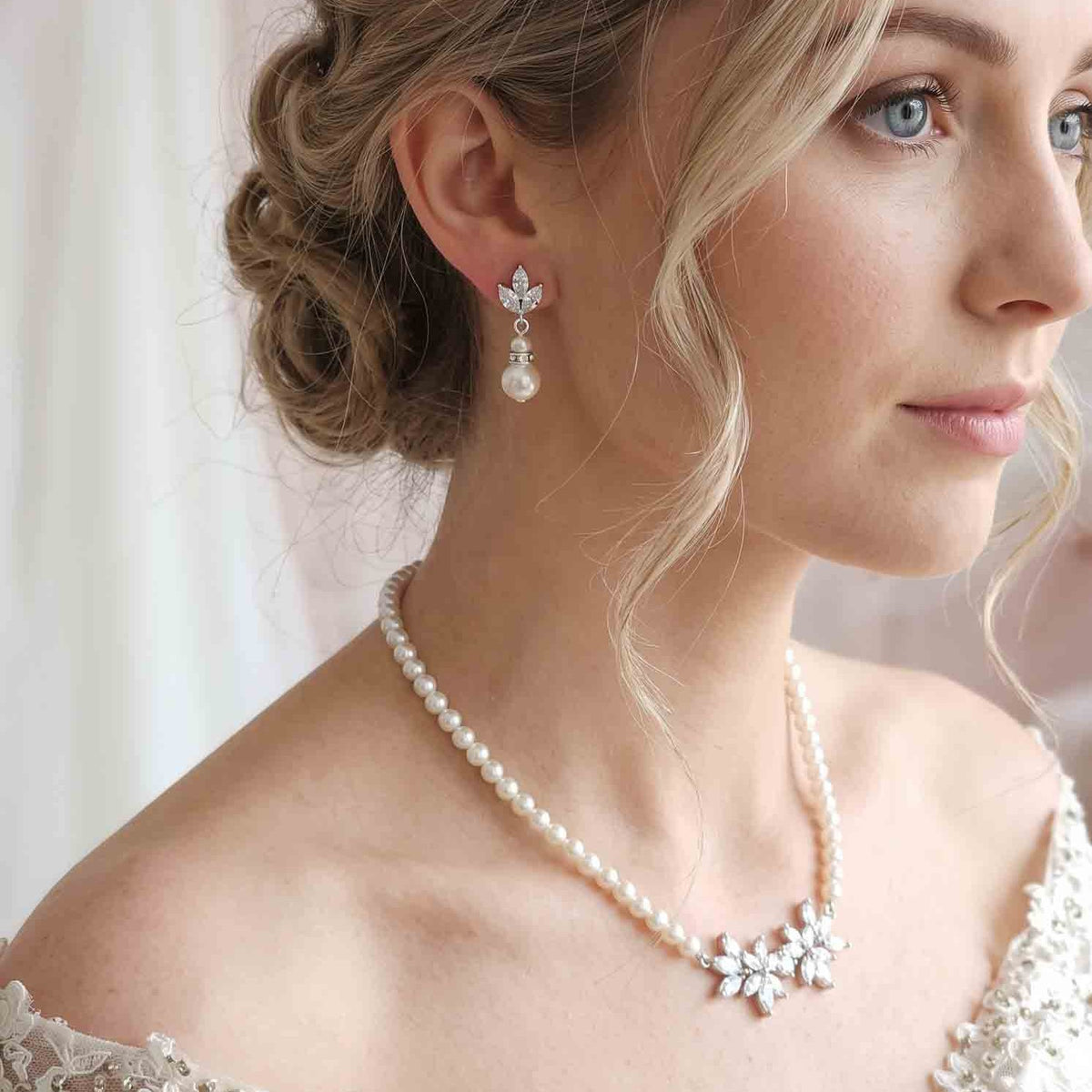 Silver Pearl and Crystal Floral Bridal Jewelry Set - Carol