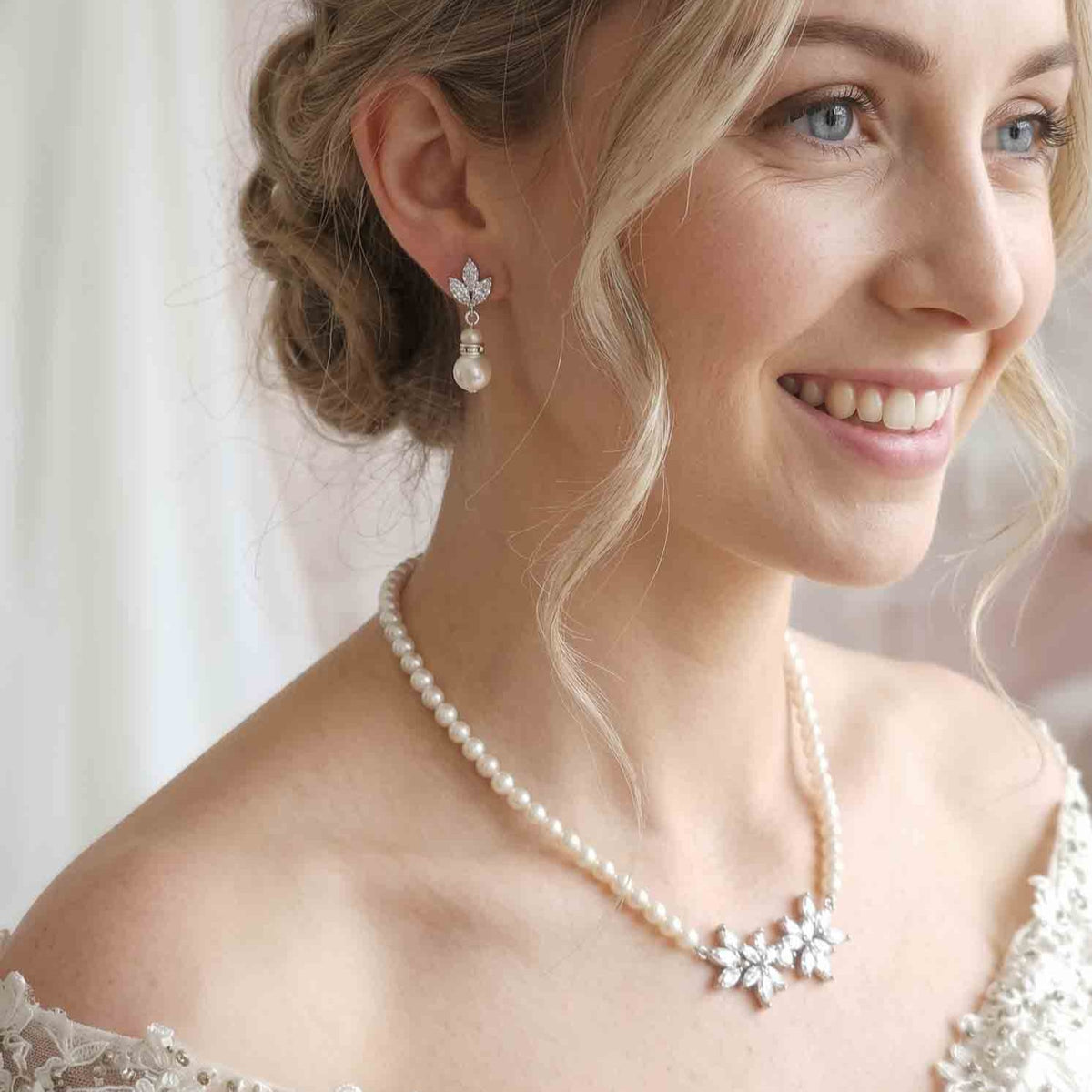 Silver Pearl and Crystal Floral Bridal Jewelry Set - Carol