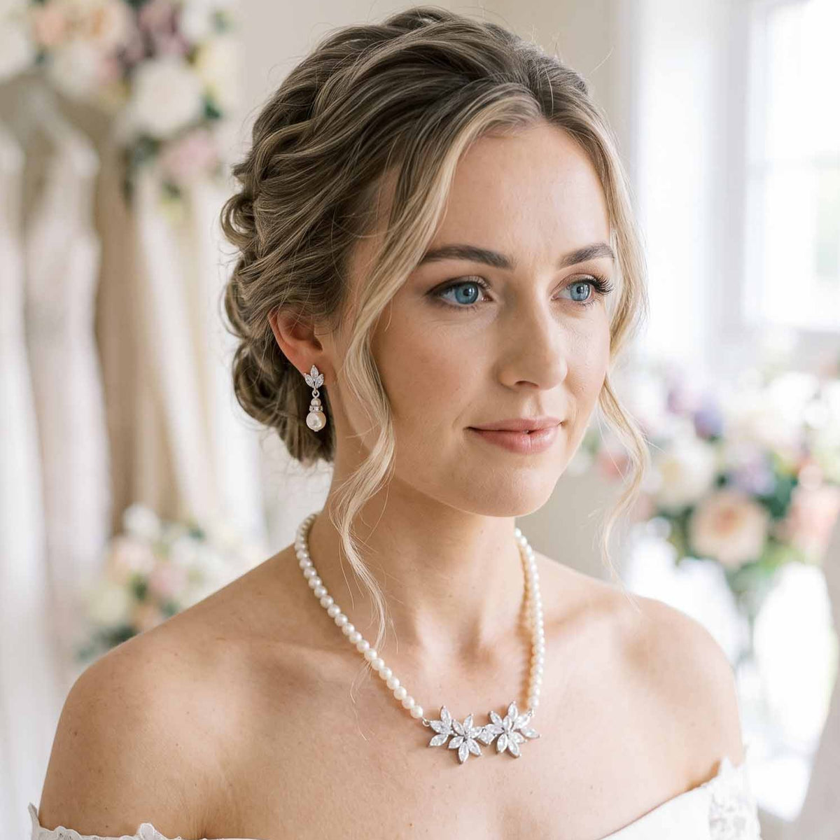 Silver Pearl and Crystal Floral Bridal Jewelry Set - Carol