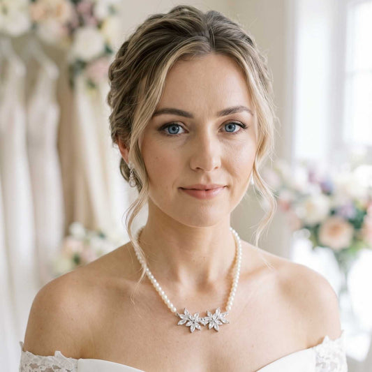 Ensemble de bijoux de mariée en perles de couleur perle blanche ivoire avec collier, toile de fond et boucles d'oreilles-Katie