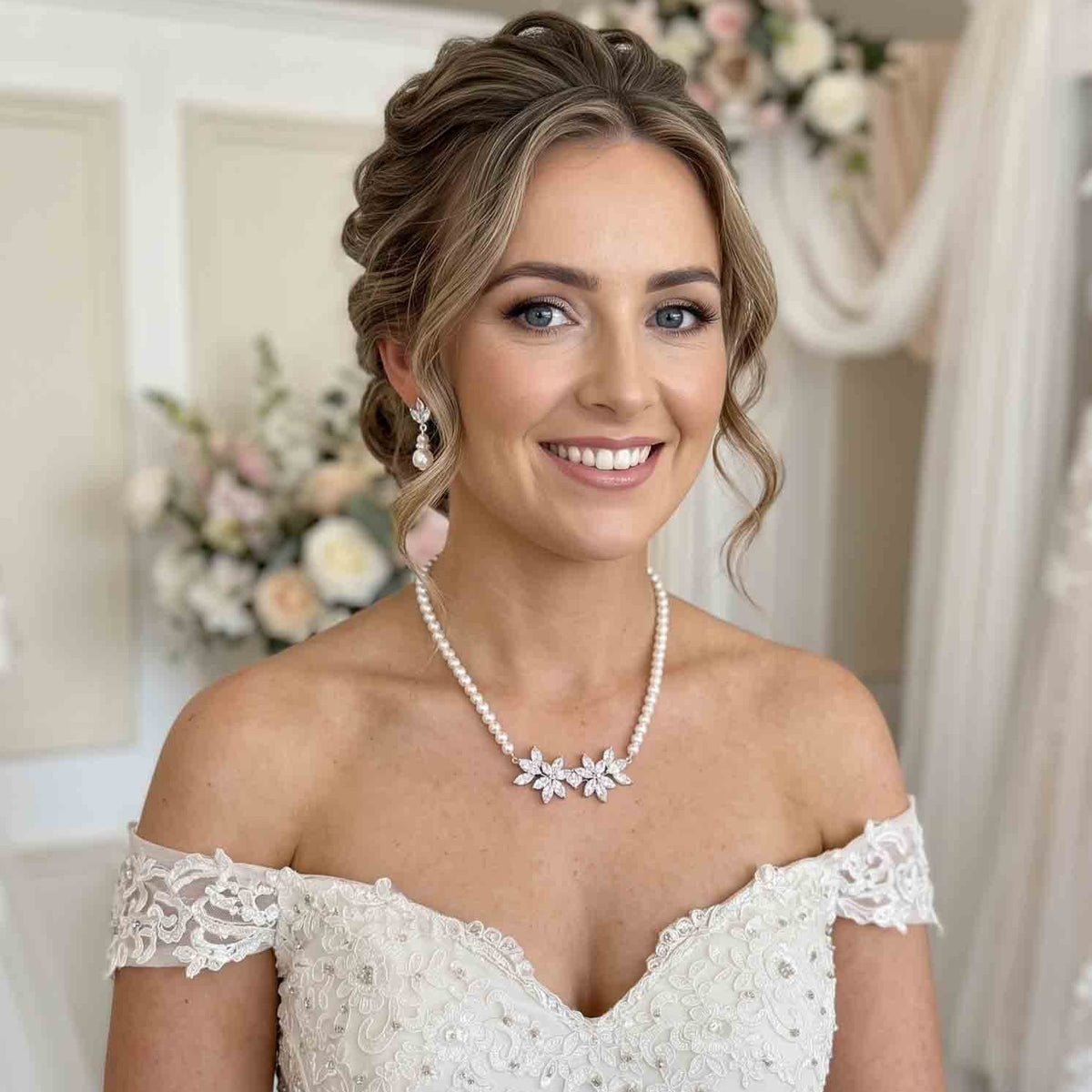 Silver Pearl and Crystal Floral Bridal Jewelry Set - Carol