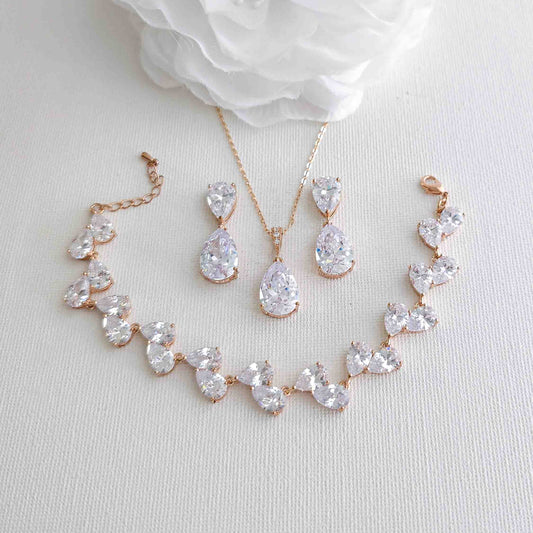 Teardrop Cubic Zirconia Wedding Jewelry Set in Rose Gold- Clara