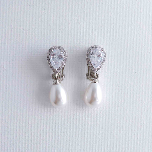 Elegant Teardrop Clip On Pearl Wedding Earrings-Jesse