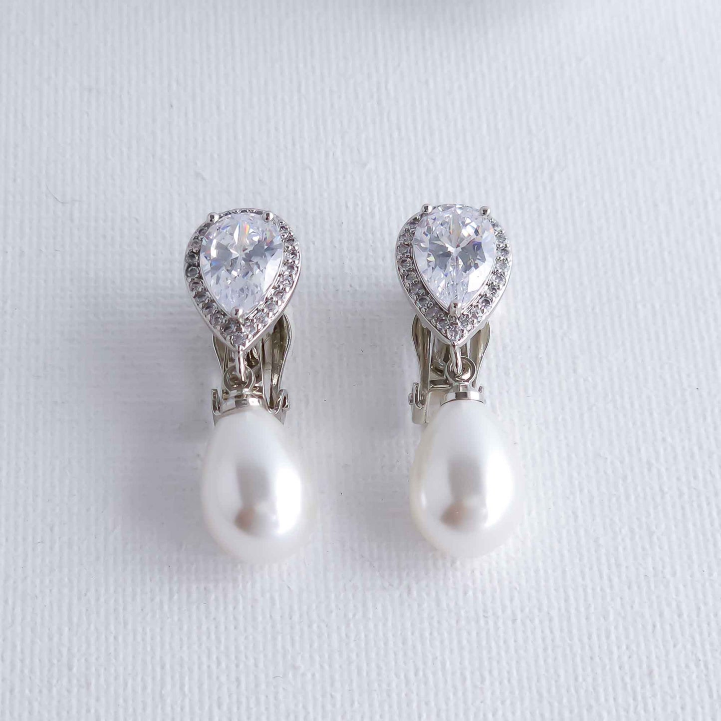 Elegant Teardrop Clip On Pearl Wedding Earrings-Jesse