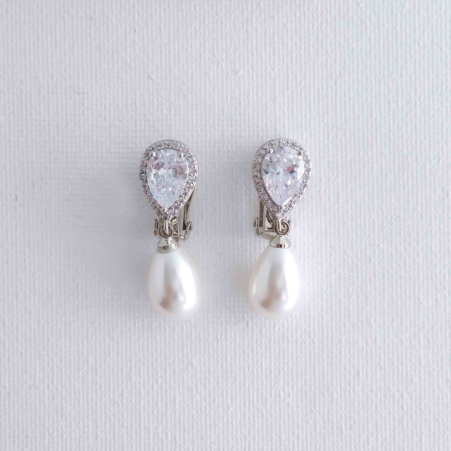 Elegant Teardrop Clip On Pearl Wedding Earrings-Jesse