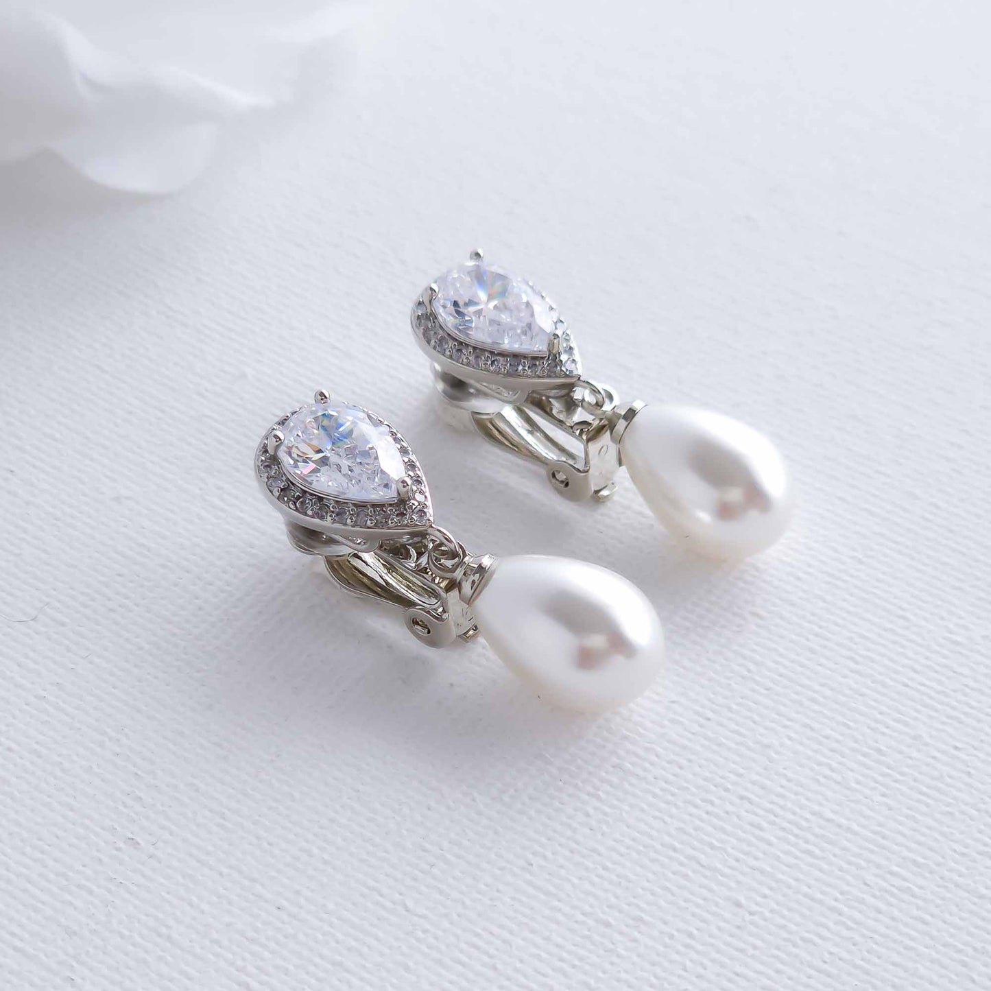 Elegant Teardrop Clip On Pearl Wedding Earrings-Jesse