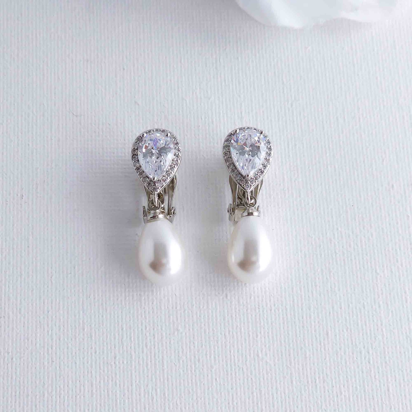 Elegant Teardrop Clip On Pearl Wedding Earrings-Jesse