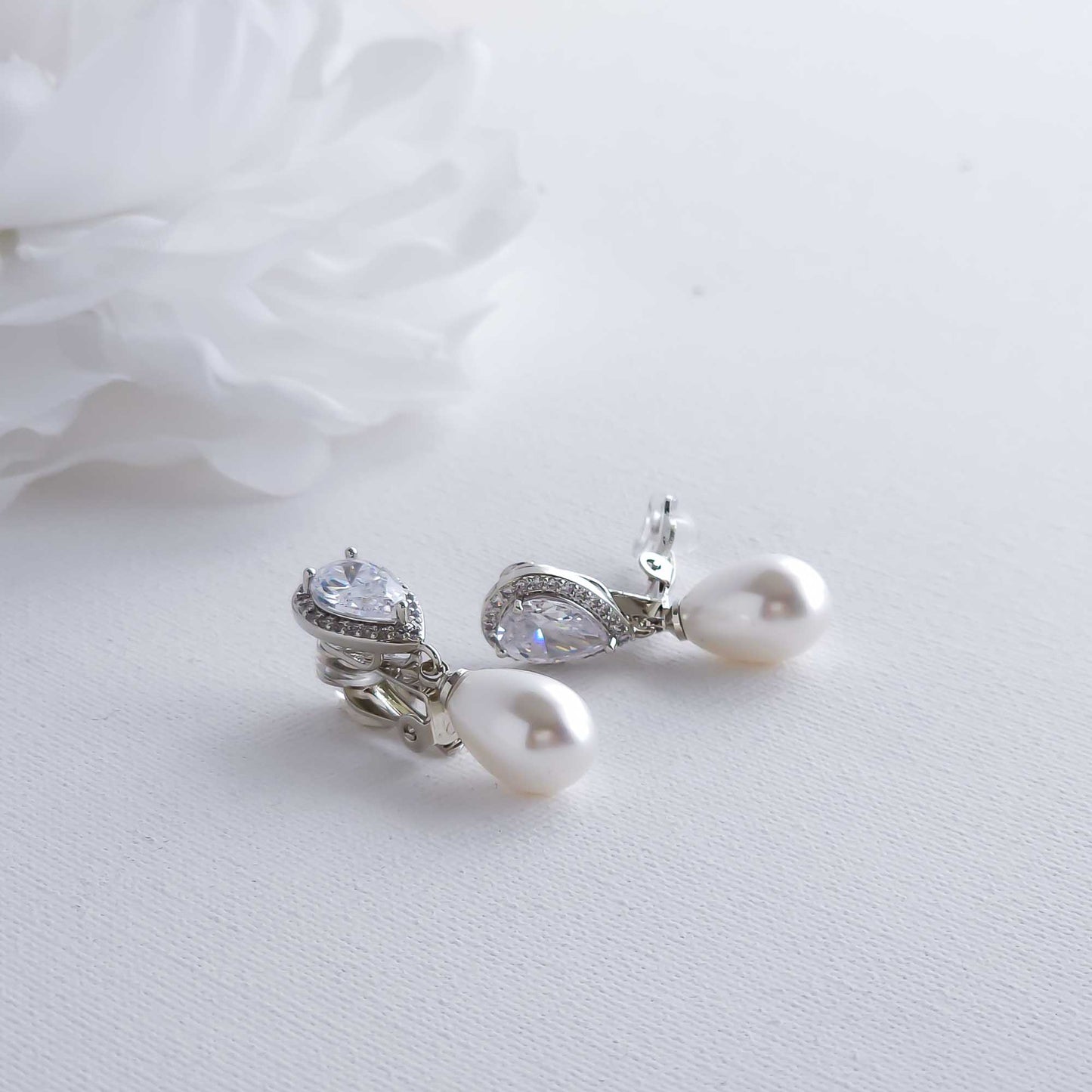 Elegant Teardrop Clip On Pearl Wedding Earrings-Jesse