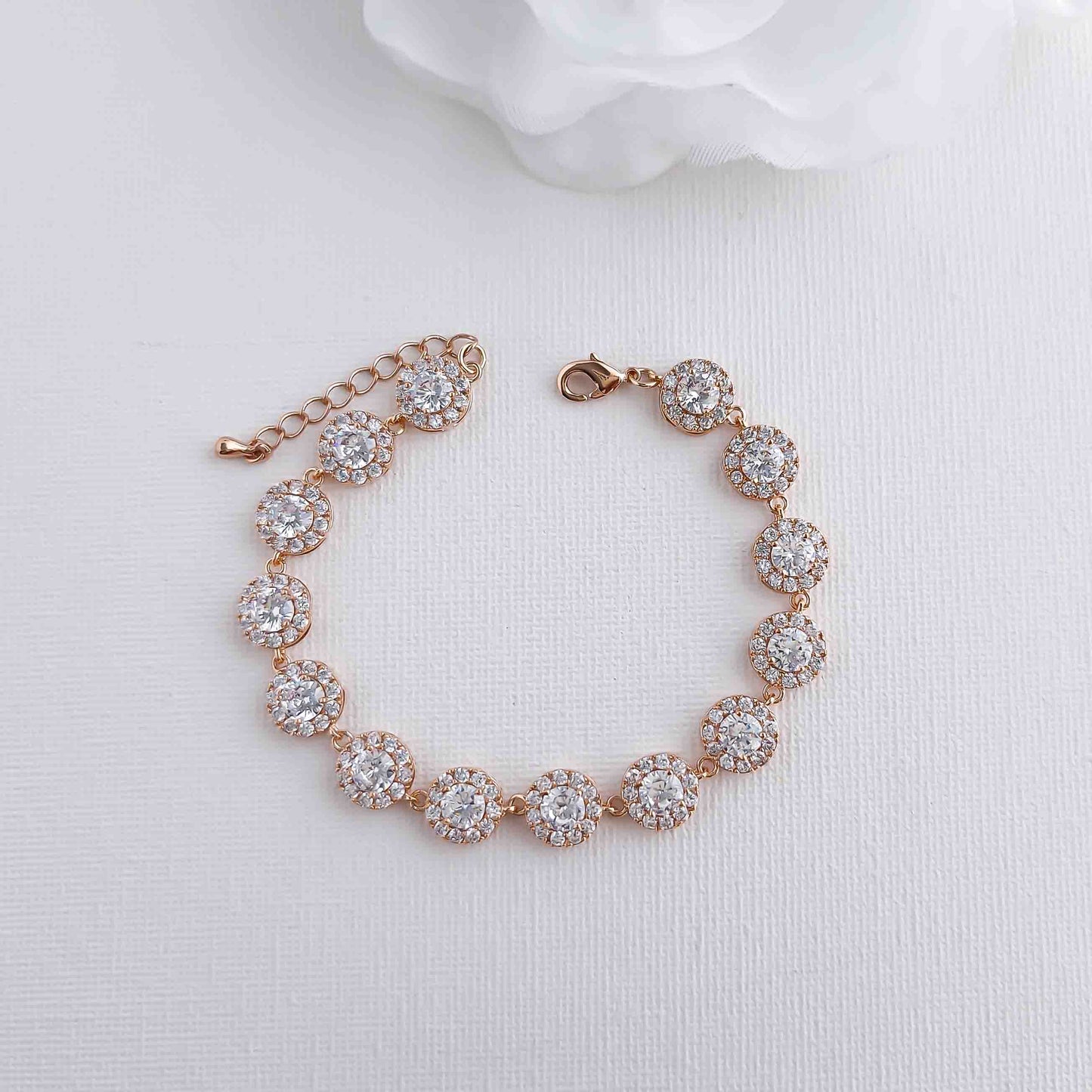 Round Clear Cubic Zirconia Rose Gold Bridal Bracelet for Weddings-Cristle