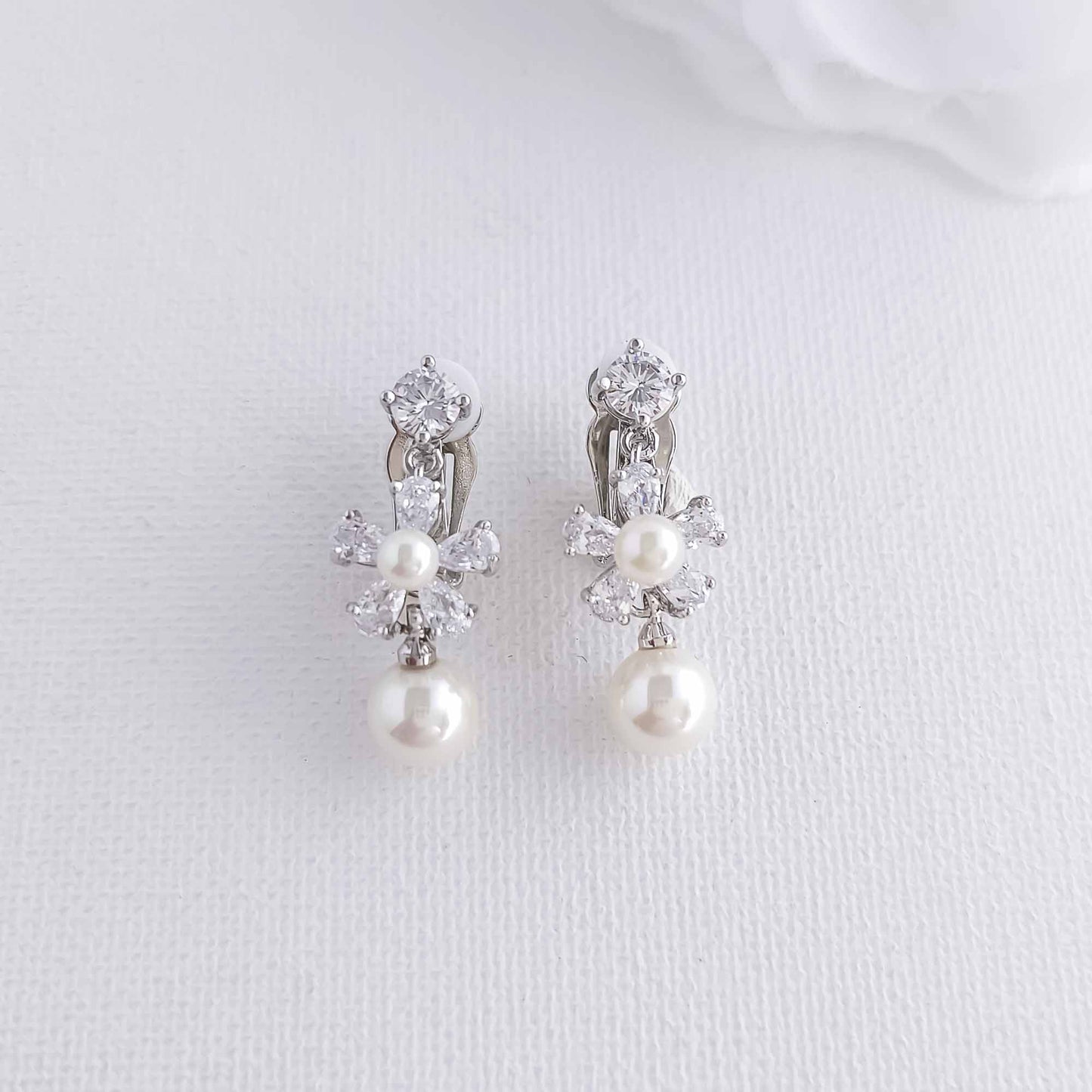Floral Clip-on Earrings for Wedding with Pearls-Deb