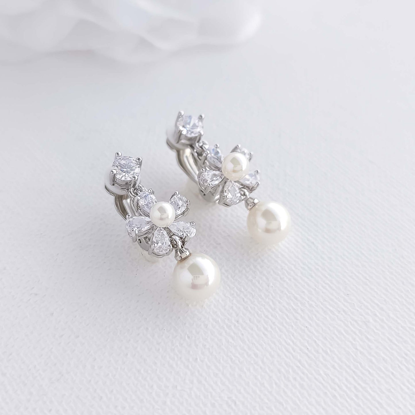 Floral Clip-on Earrings for Wedding with Pearls-Deb