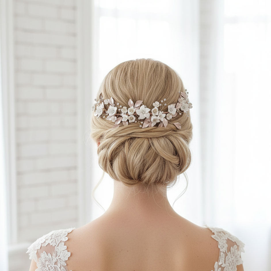 Rose Gold Hair Comb with White Flowers-Daffodil